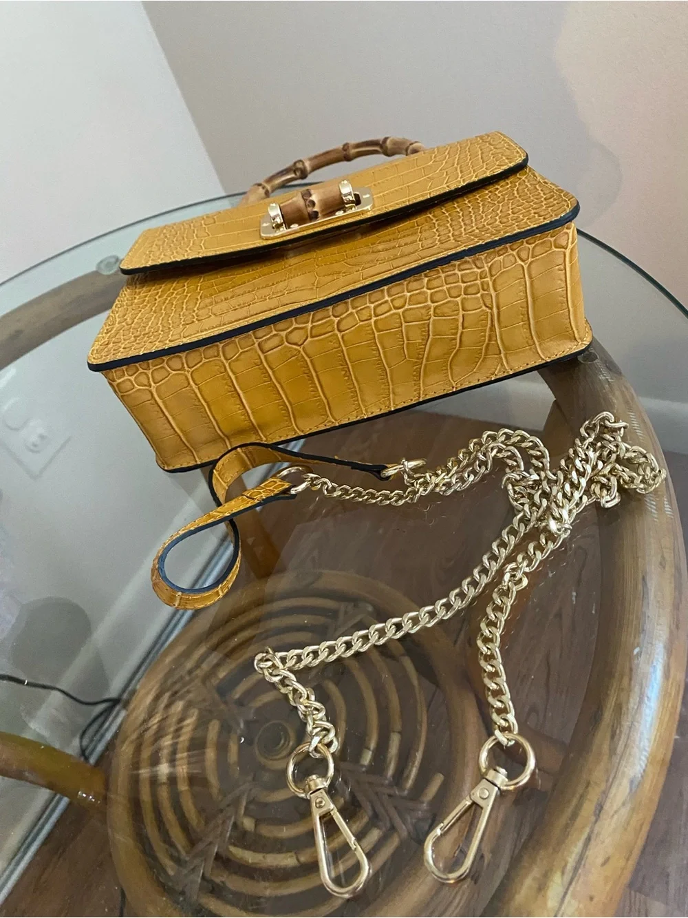 Italian Leather Mustard Croc-Embossed Bamboo Handle Bag